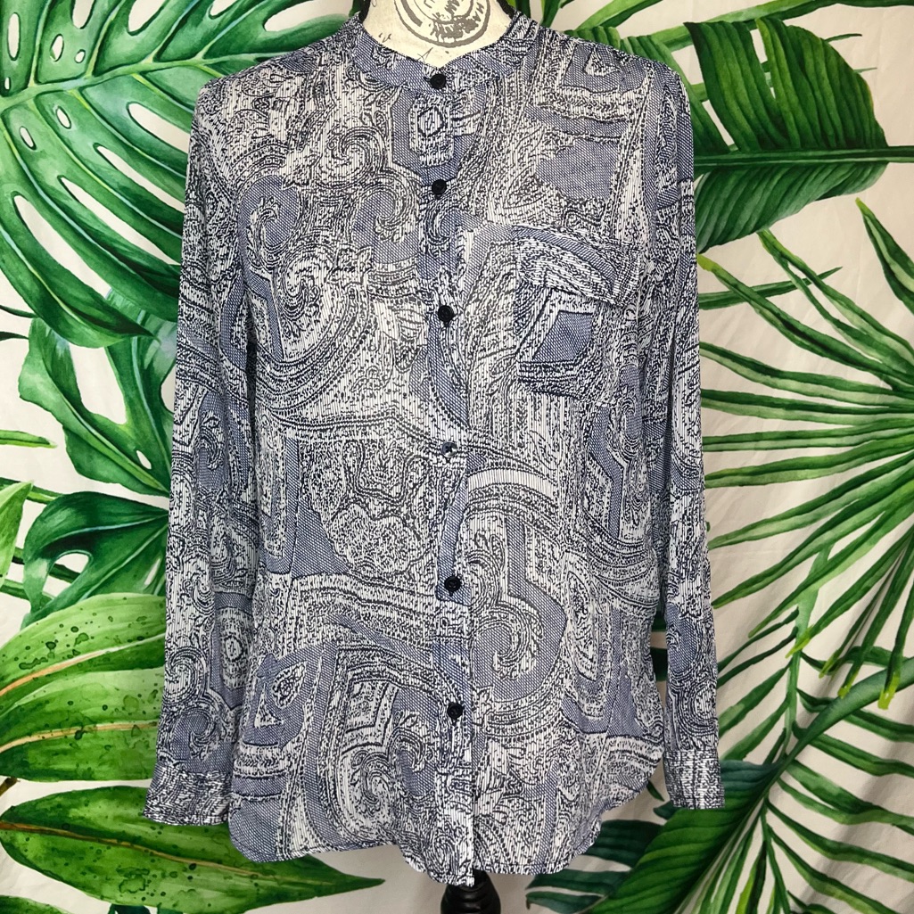Liz Claiborne S Dark Blue White Semi-Sheer Church Office Button Front Blouse